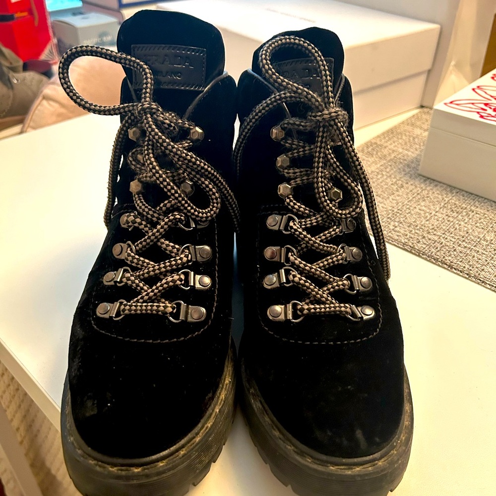 PRADA black velvet lace up boots
